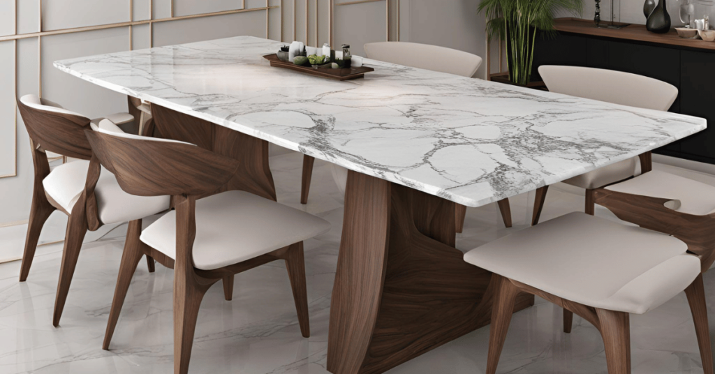 Classic Marble with Wooden Base Dining Table Set